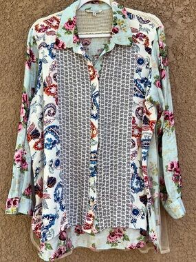 John Mark Tunic 1X Mixed Rosette Floral Embroidered Mesh Romantic Whimsical Top